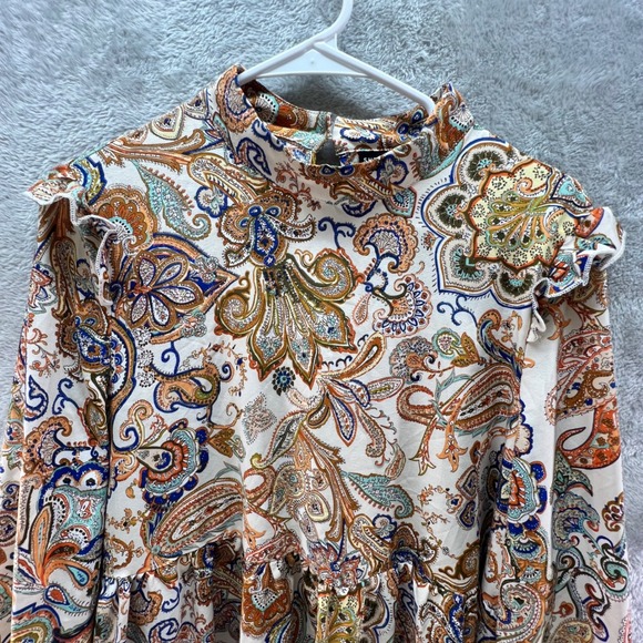 Boho Paisley Mock Neck Mini Dress Long Balloon Sleeve Ruffle Shoulder Babydoll - Picture 2 of 11